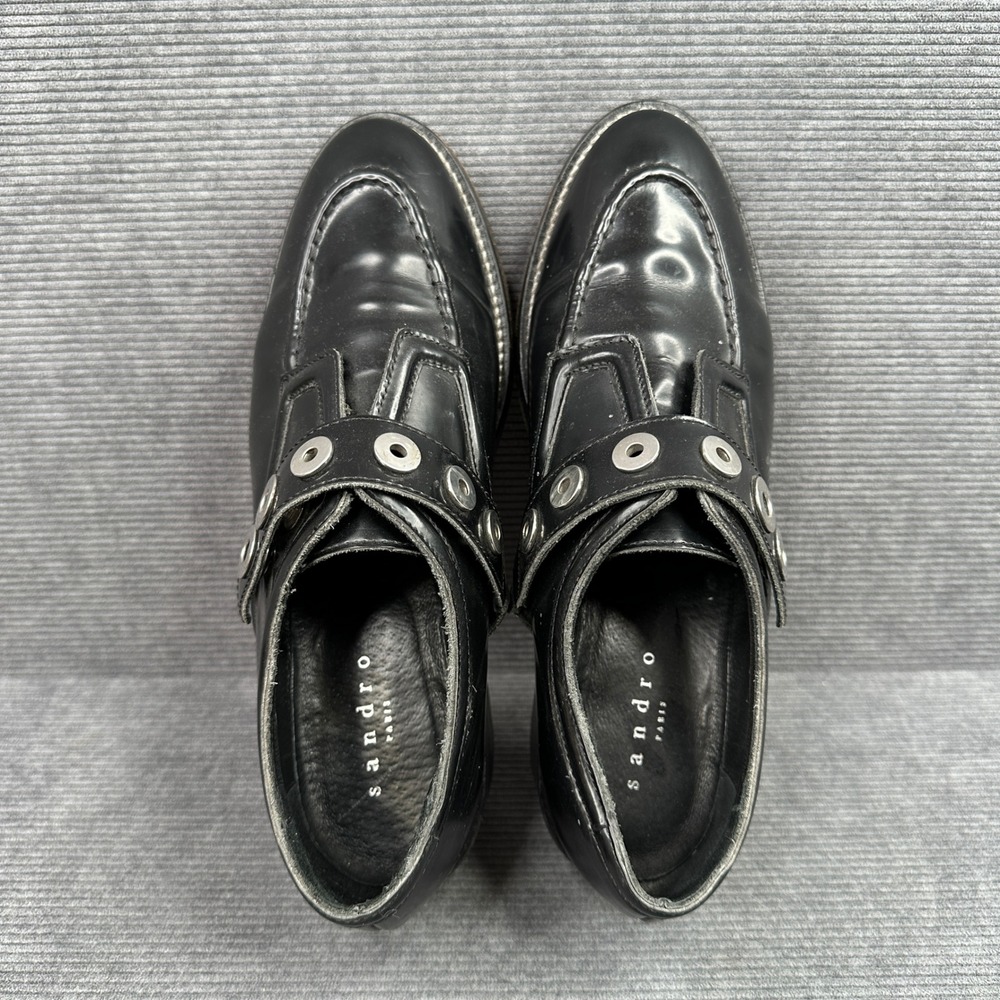 Sandro Paris Black Leather Grommet Monk Strap Chunky Heel Loafers Size 39 - Picture 10 of 12
